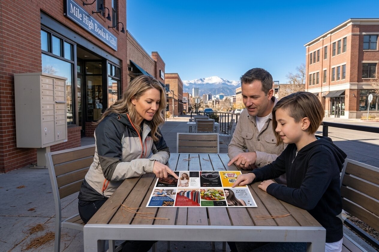A family reading a community postcard together at an outdoor table